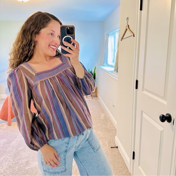 Anthropologie Corey Lynn Calter Blue Metallic Square Neck Top Blouse Small - Picture 1 of 10